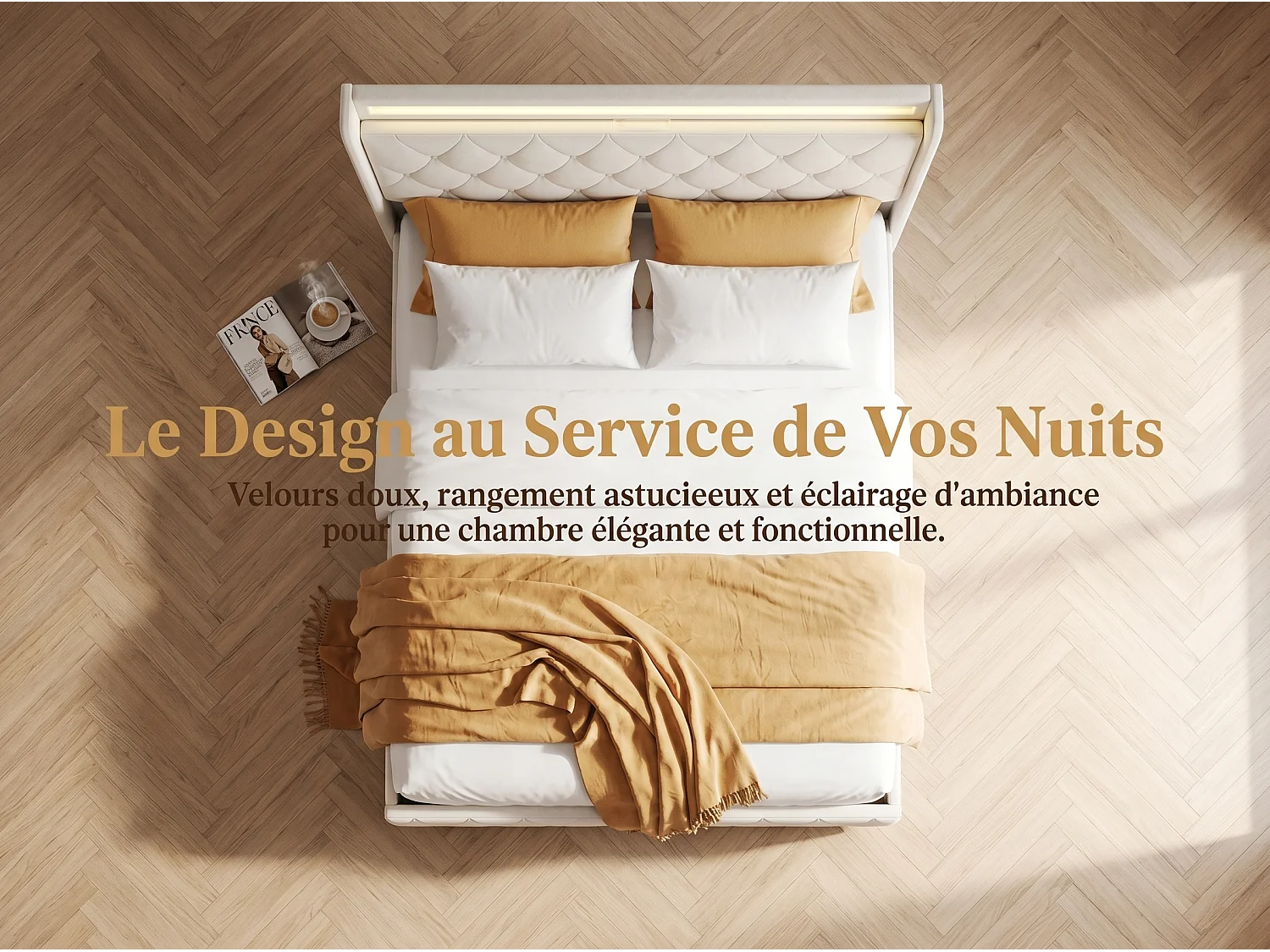 Lit rembourré 160x200 cm - avec éclairage LED - tête de lit avec étagère - similicuir PU beige - sommier à lattes inclus