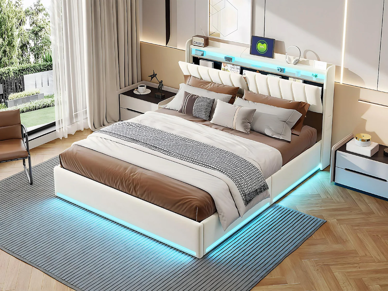 Lit coffre 140x200 avec tiroirs et LED RGB, lit avec USB Type-C, tête de lit rangement, velours