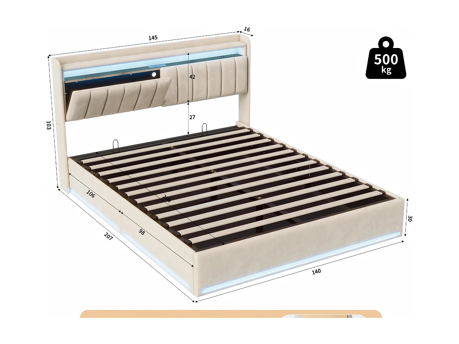 Lit coffre 140x200 avec tiroirs et LED RGB, lit avec USB Type-C, tête de lit rangement, velours