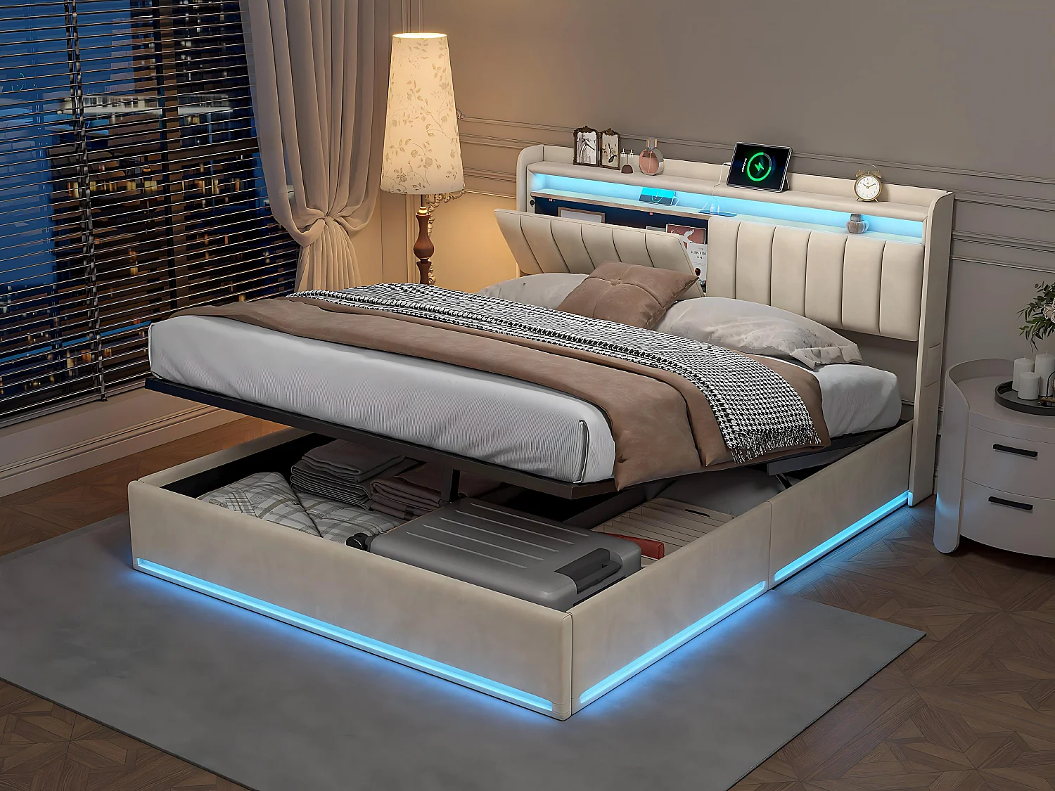 Lit coffre 140x200 avec tiroirs et LED RGB, lit avec USB Type-C, tête de lit rangement, velours