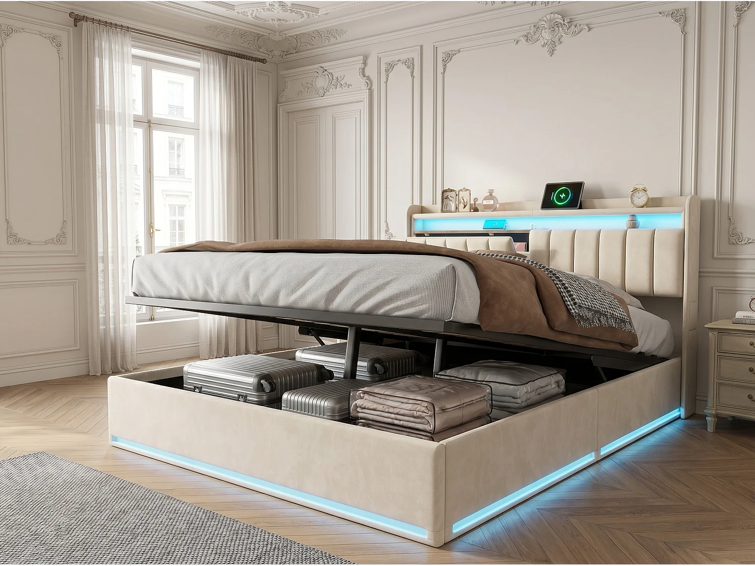 Lit rembourré 140x200 cm - Tiroirs de rangement - LED RGB intégrée - Ports USB + Type-C - Tête de lit avec rangement - Velours