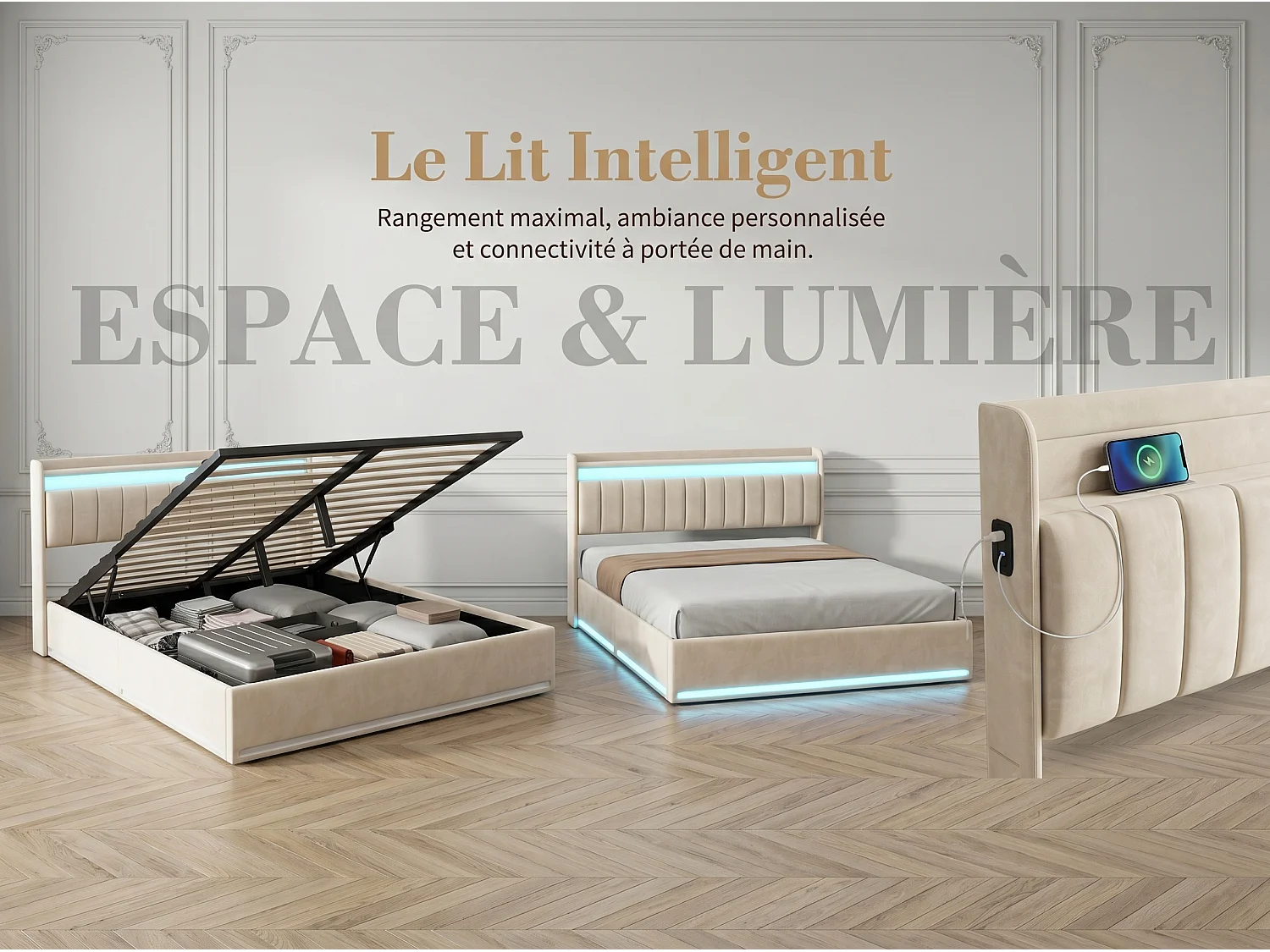 Lit rembourré 140x200 cm - Tiroirs de rangement - LED RGB intégrée - Ports USB + Type-C - Tête de lit avec rangement - Velours
