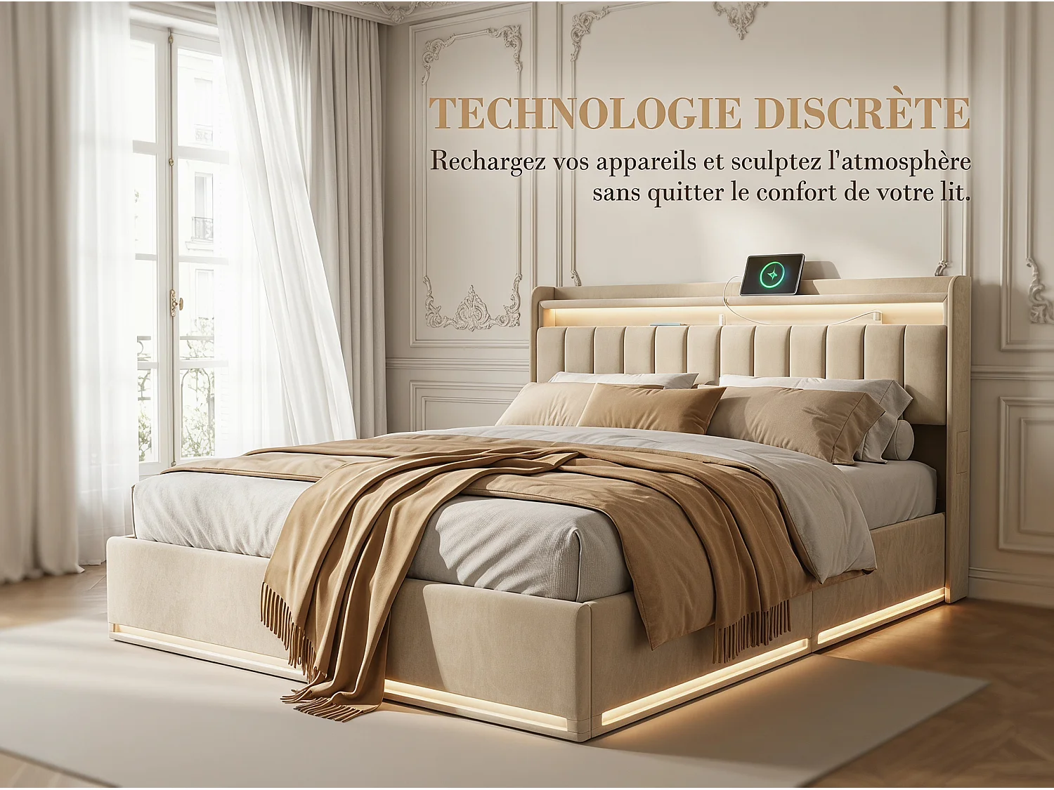 Lit rembourré 140x200 cm - Tiroirs de rangement - LED RGB intégrée - Ports USB + Type-C - Tête de lit avec rangement - Velours