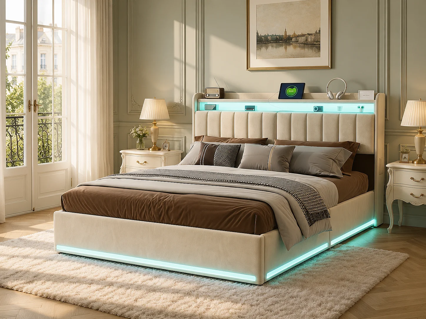 Lit rembourré 140x200 cm - Tiroirs de rangement - LED RGB intégrée - Ports USB + Type-C - Tête de lit avec rangement - Velours