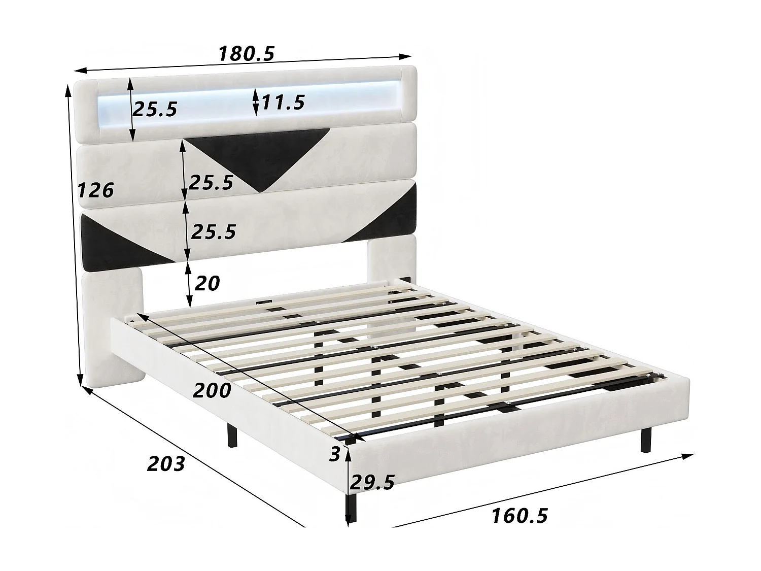 Lit 160x200 cm LED, lit moderne avec tête de lit modulable et double éclairage, cadre de lit avec sommier à lattes