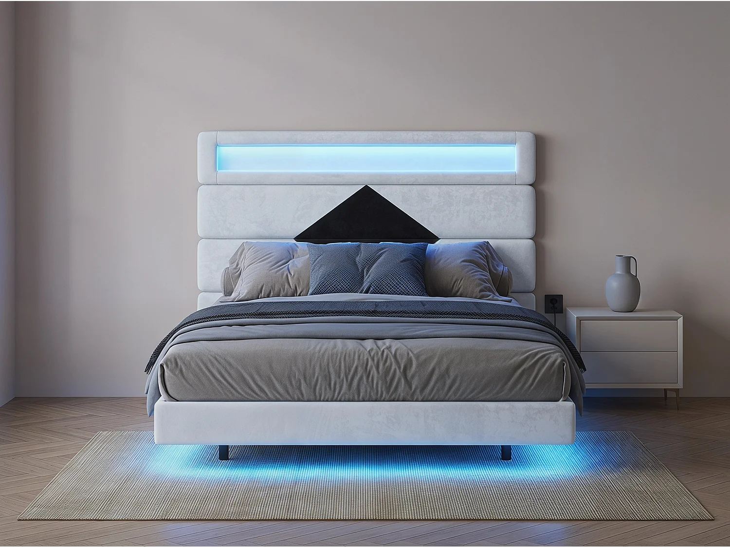 Lit double 160x200 cm - USB et USB C - LED intégrée - Tissu velours blanc