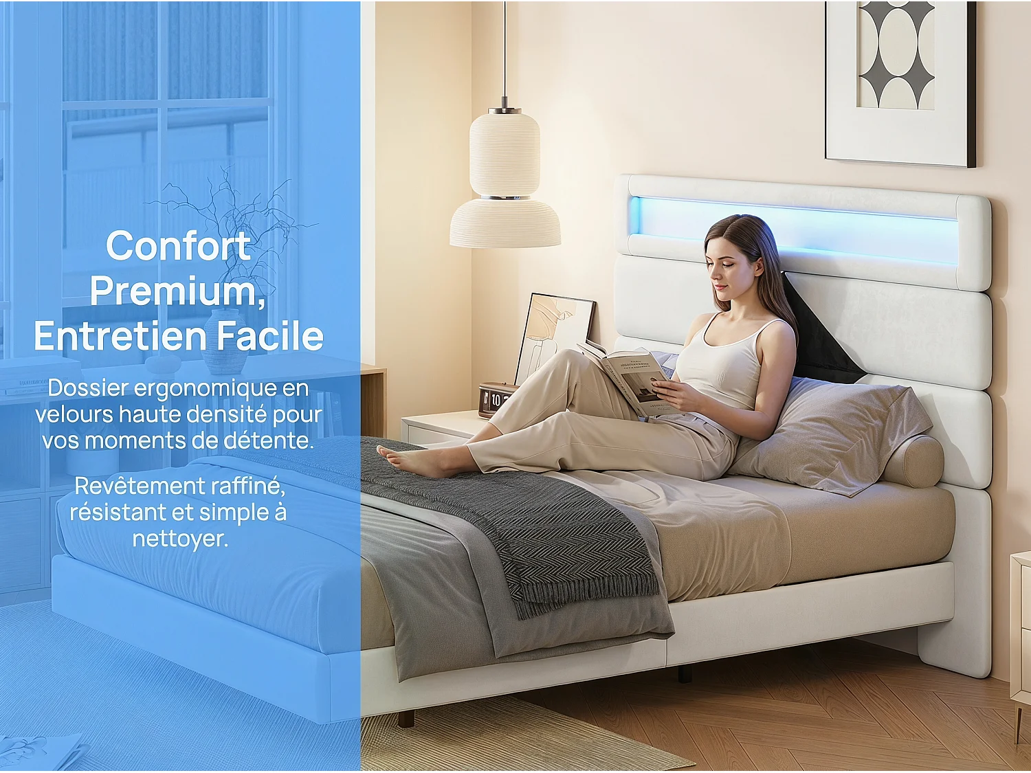 Lit double 160x200 cm - USB et USB C - LED intégrée - Tissu velours blanc