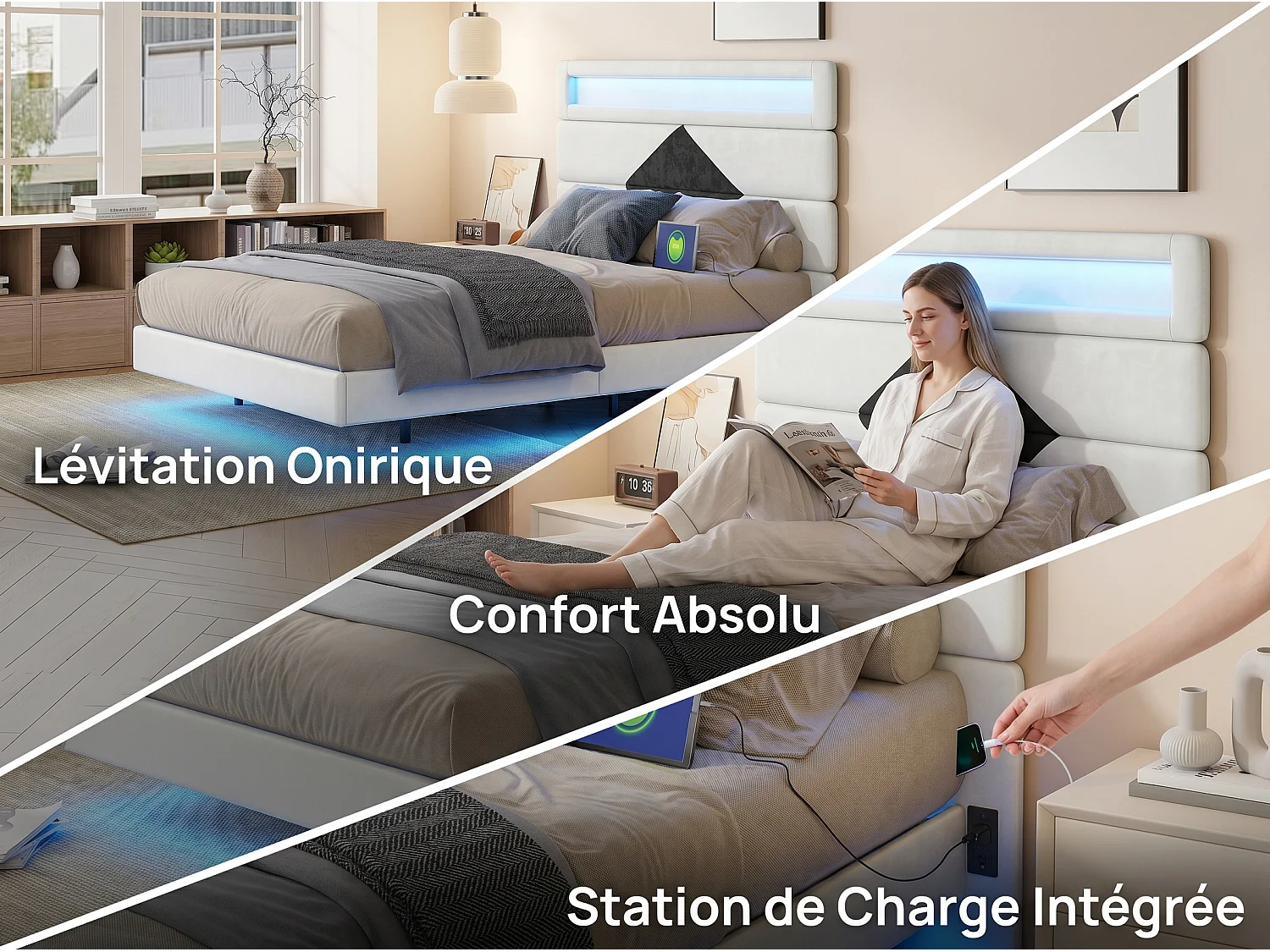 Lit double 160x200 cm - USB et USB C - LED intégrée - Tissu velours blanc