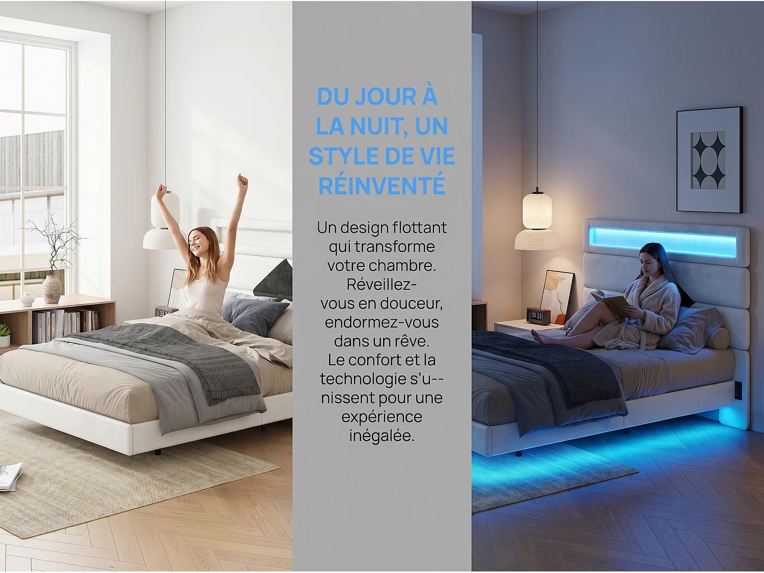 Lit double 160x200 cm - USB et USB C - LED intégrée - Tissu velours blanc