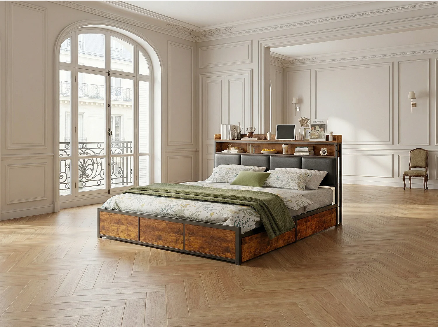 Lit 140x200 cm avec Rangement, Lit avec 4 Tiroirs de rangement, Tête de Lit avec Étagère