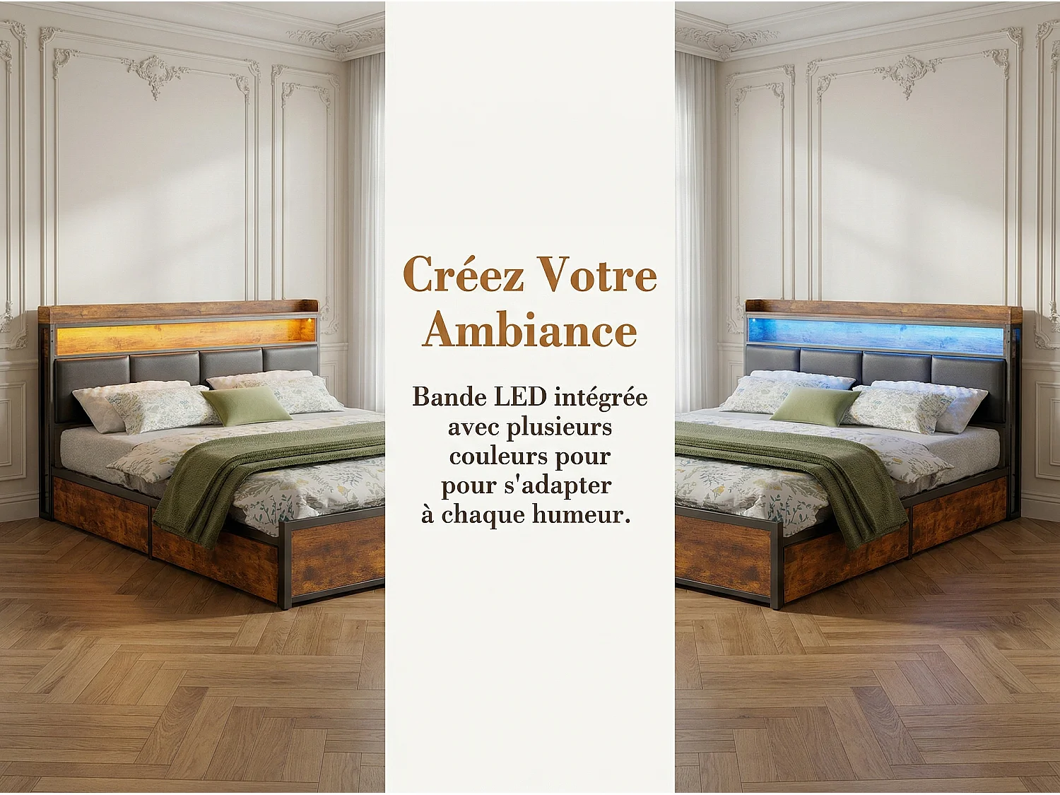 Lit 140x200 cm avec Rangement, Lit avec 4 Tiroirs de rangement, Tête de Lit avec Étagère