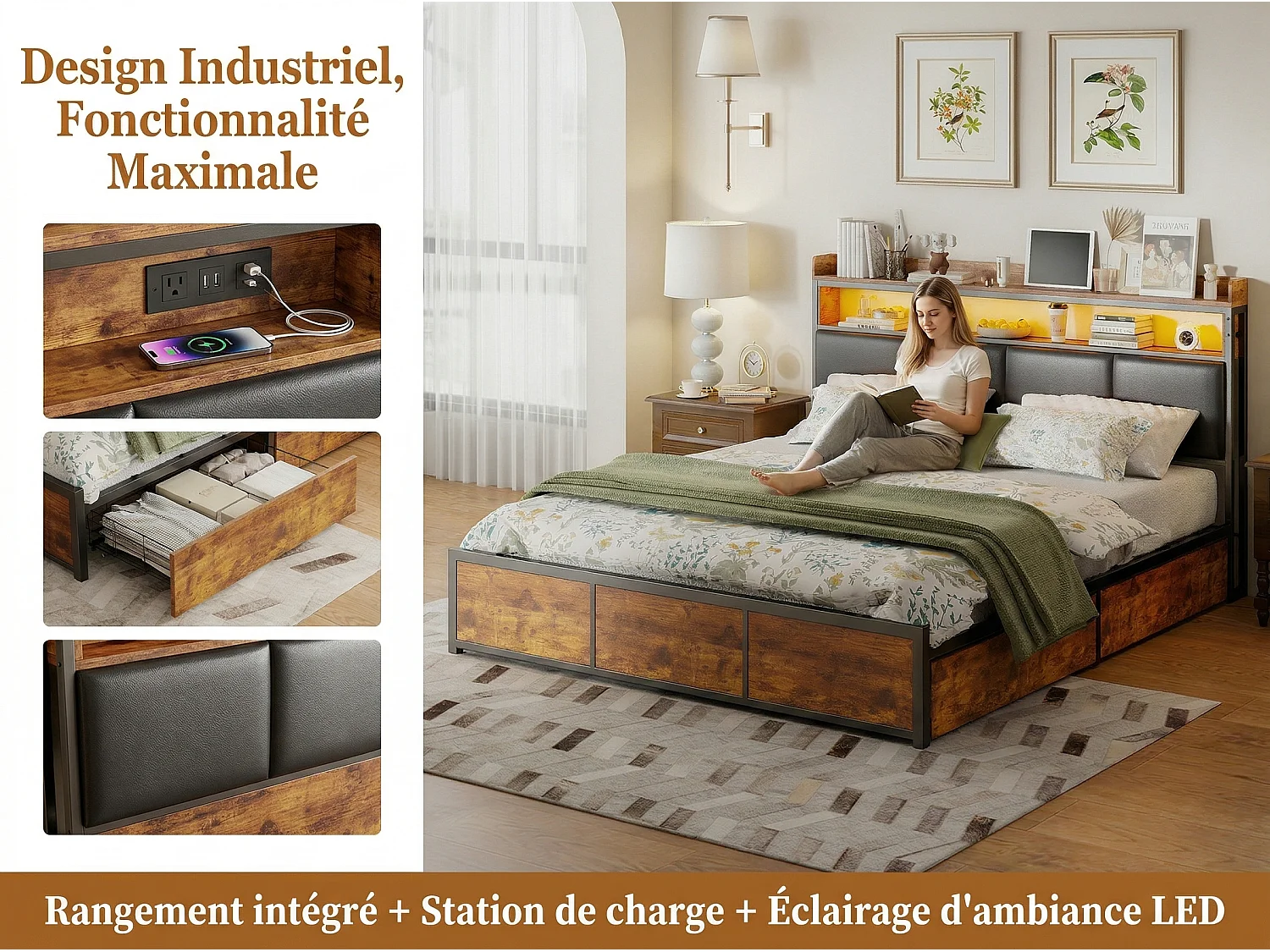 Lit 140x200 cm avec Rangement, Lit avec 4 Tiroirs de rangement, Tête de Lit avec Étagère