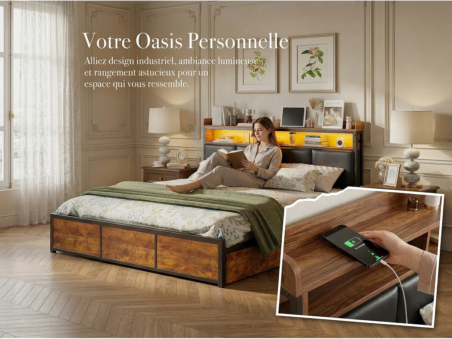 Lit 140x200 cm avec Rangement, Lit avec 4 Tiroirs de rangement, Tête de Lit avec Étagère