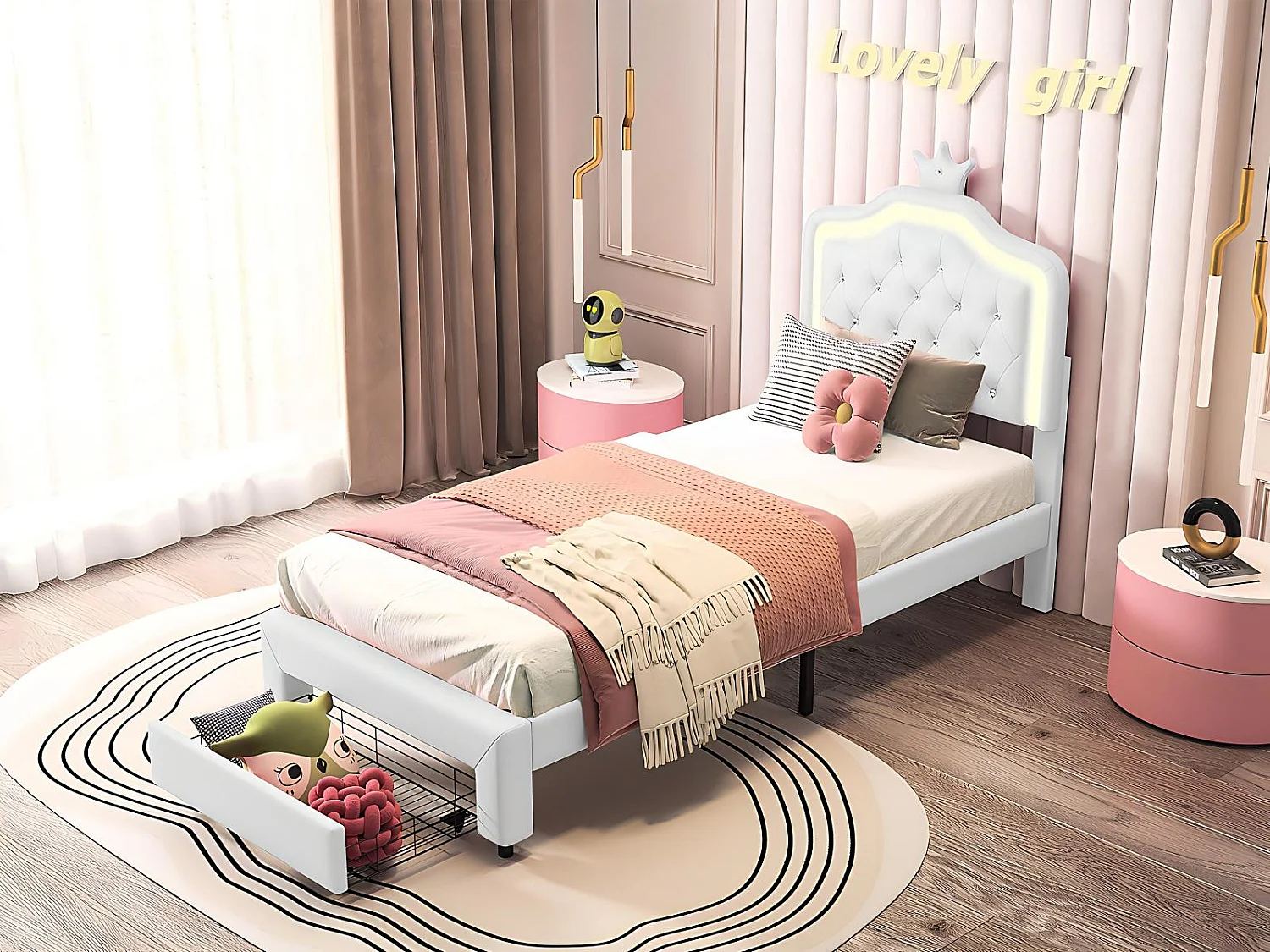 Lit enfant 90 x 200 cm, éclairage LED RGB, lit princesse blanc avec rangement