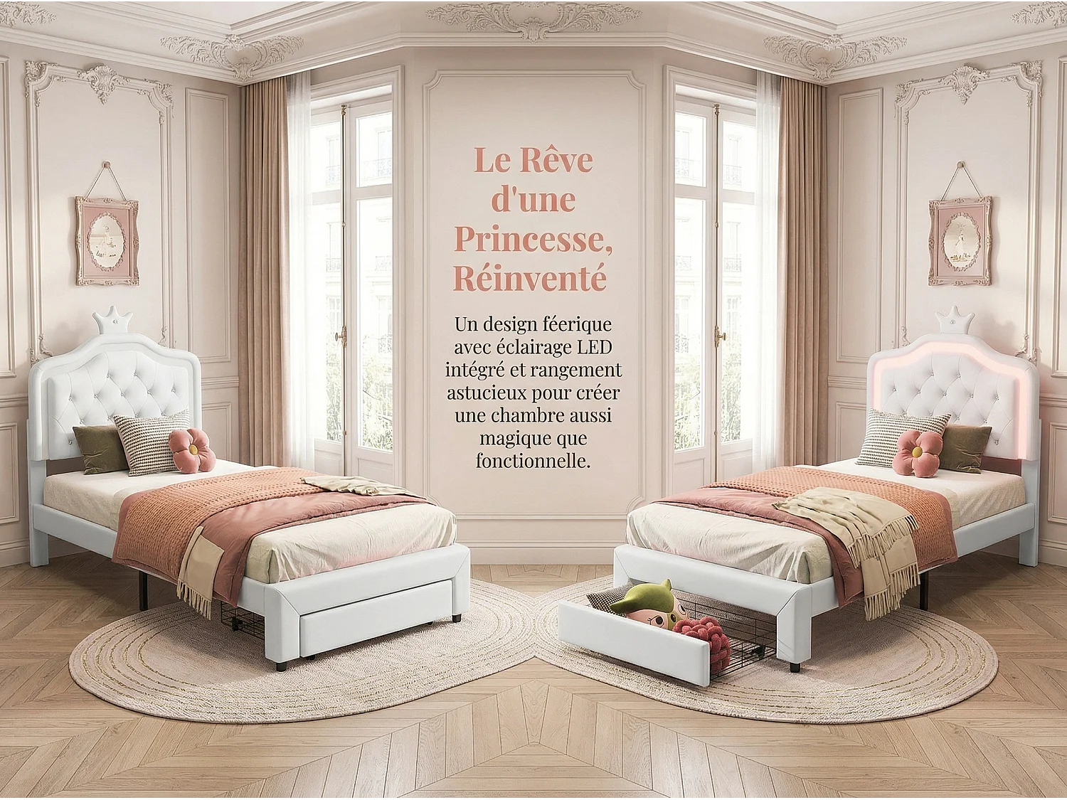 Lit enfant 90 x 200 cm, éclairage LED RGB, lit princesse blanc avec rangement