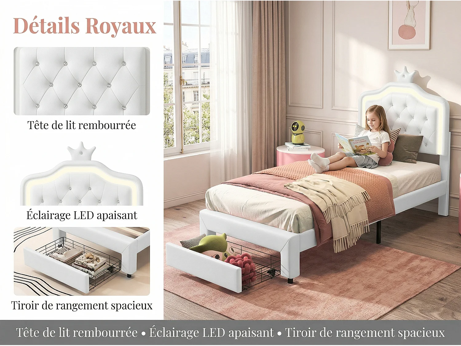 Lit enfant 90 x 200 cm, éclairage LED RGB, lit princesse blanc avec rangement