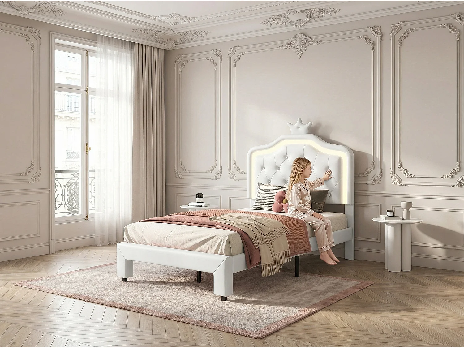 Lit enfant 90 x 200 cm, éclairage LED RGB, lit princesse blanc avec rangement