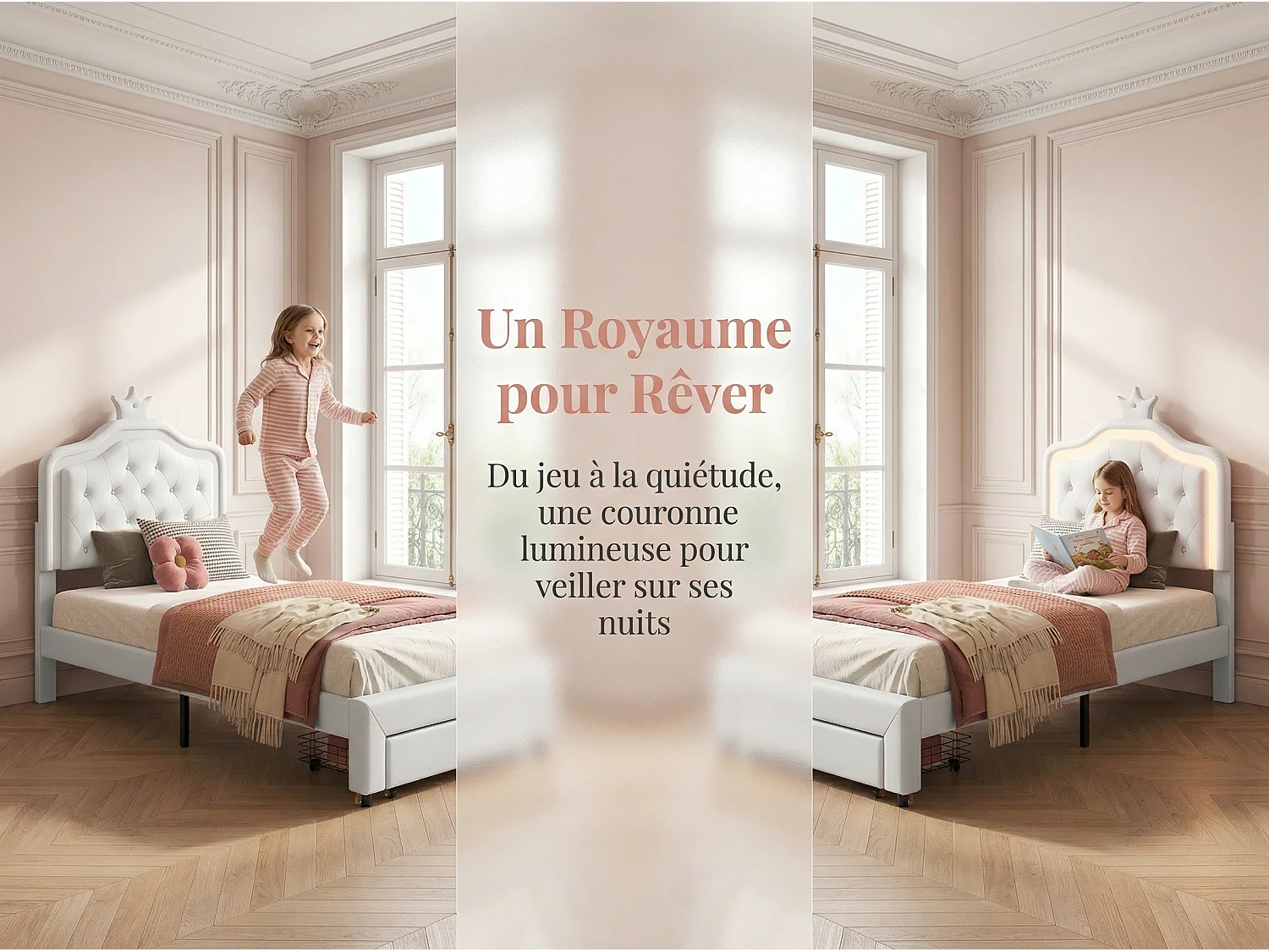 Lit enfant 90x200 cm - éclairage LED RGB - blanc style princesse - avec rangement