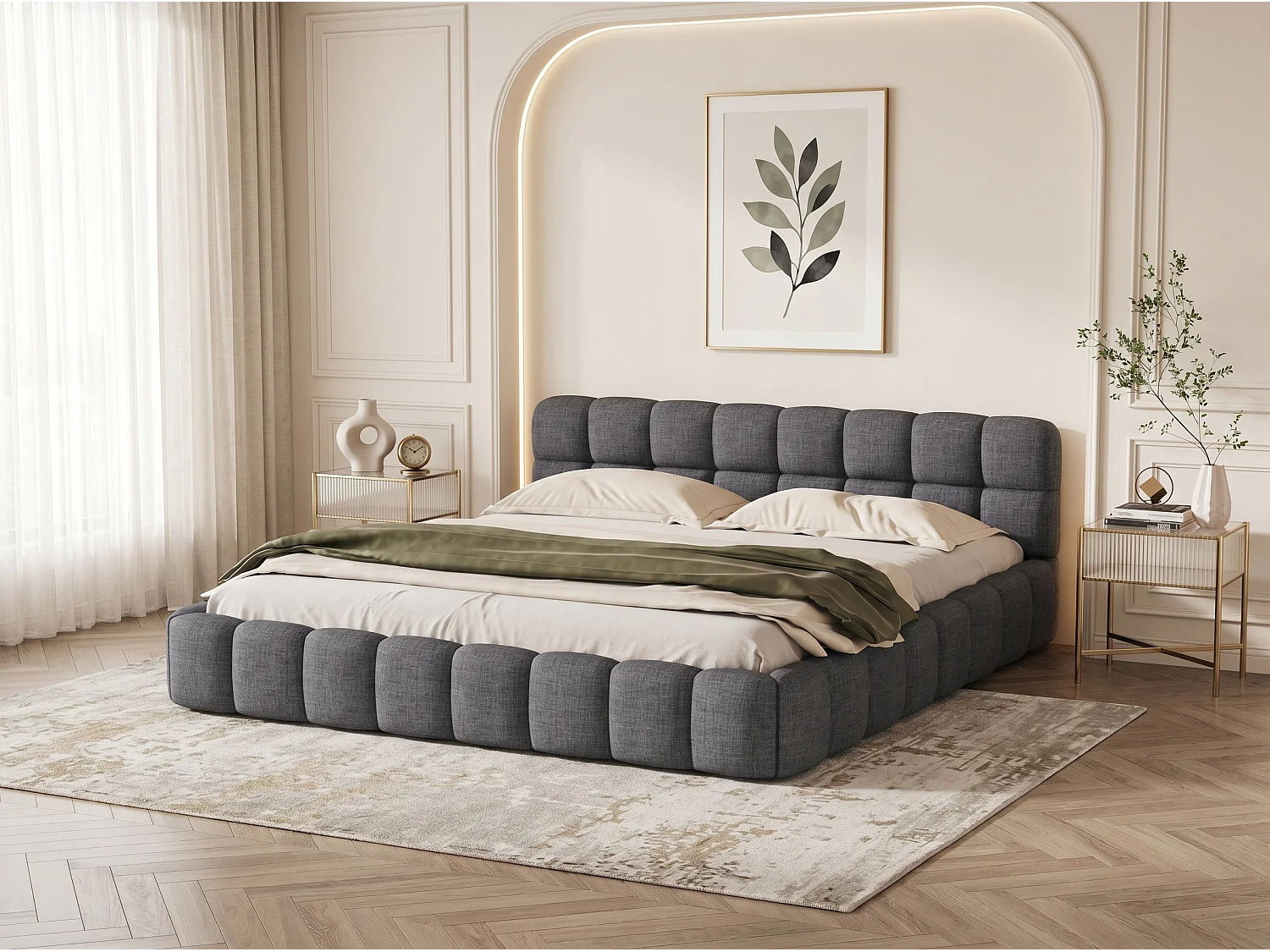 Lit rembourré 140x200 cm - avec tiroirs - tissu lin gris - tête de lit confortable - cadre robuste