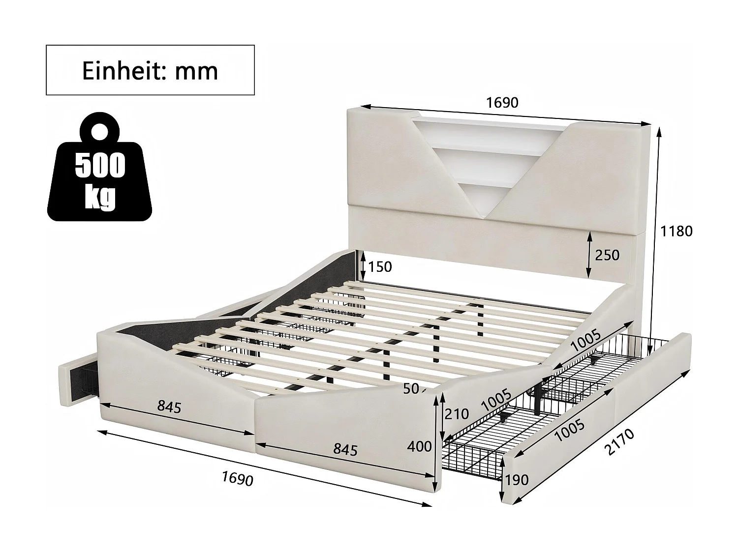 Lit double, 160x200 , avec espace de rangement, tête de lit triangulaire à LED, tiroirs latéraux, tissu beige.