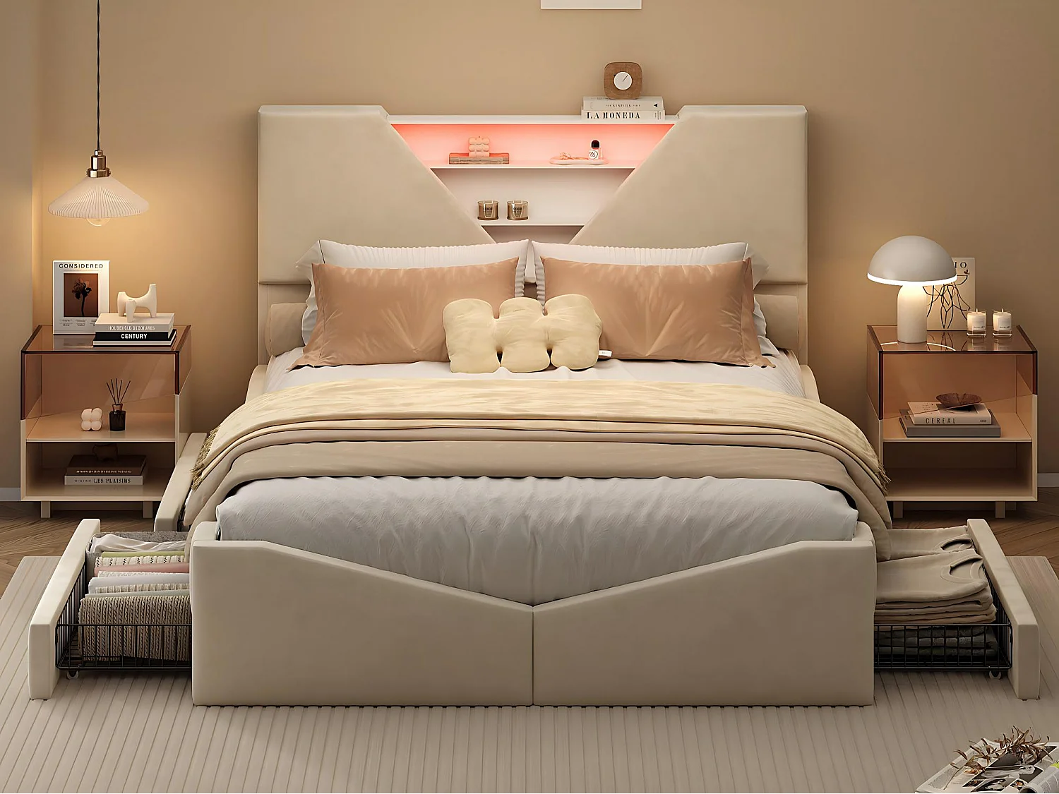Lit double, 160x200 , avec espace de rangement, tête de lit triangulaire à LED, tiroirs latéraux, tissu beige.