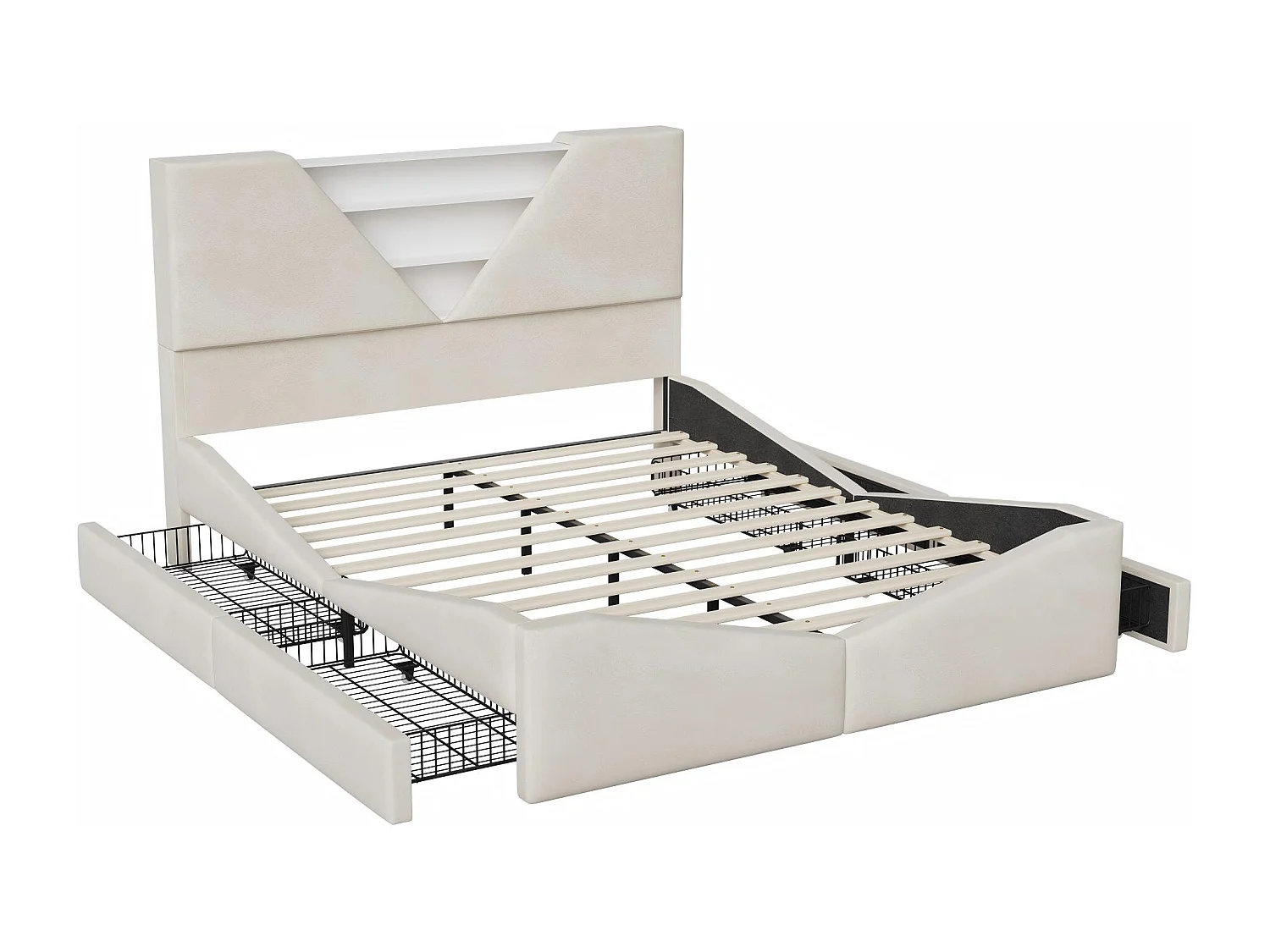 Lit double, 160x200 , avec espace de rangement, tête de lit triangulaire à LED, tiroirs latéraux, tissu beige.