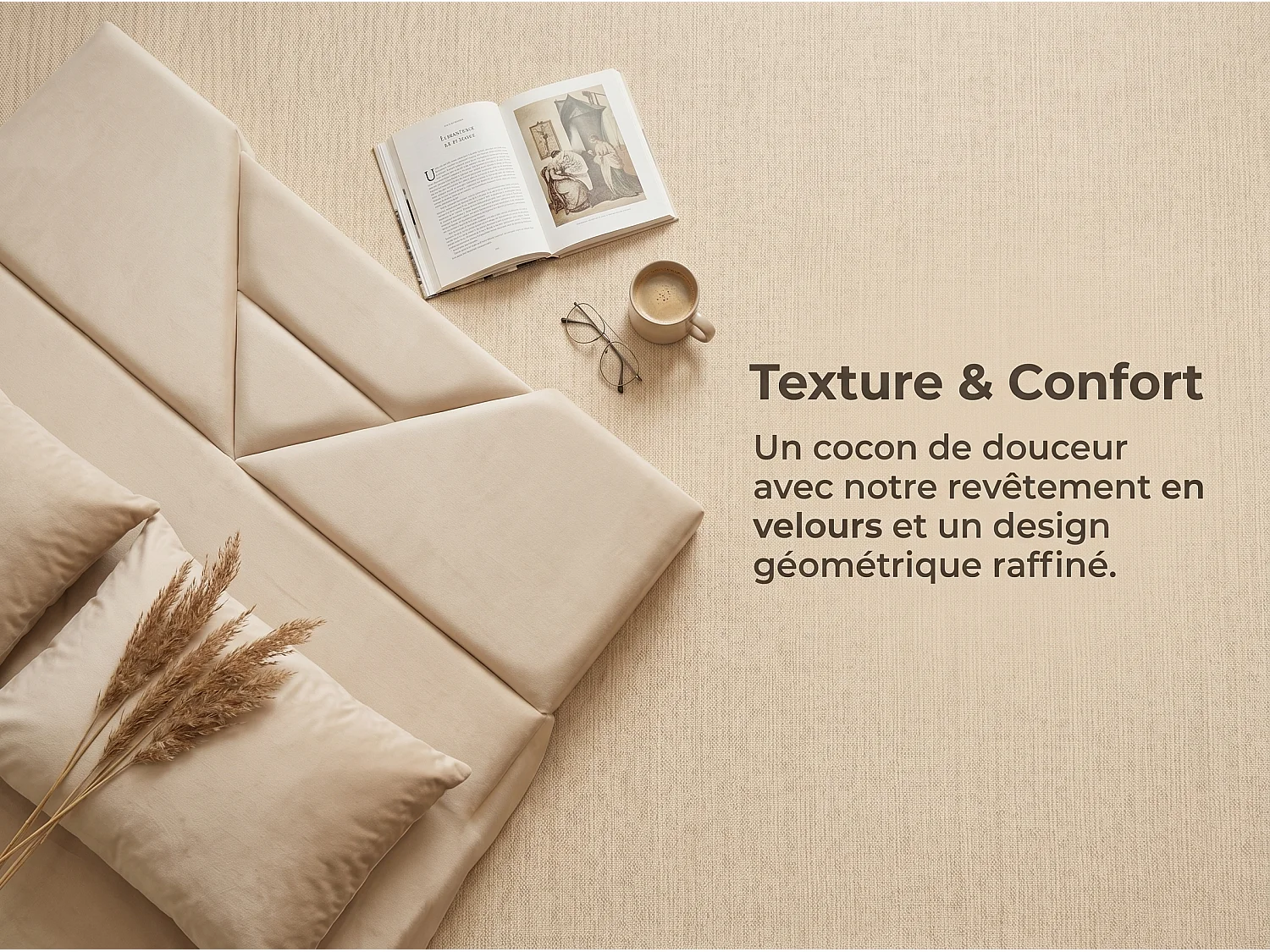 Lit coffre rembourré  160x200cm - avec tête de lit LED - Tête de lit triangulaire LED - Sommier à lattes en bois - Tissu Beige