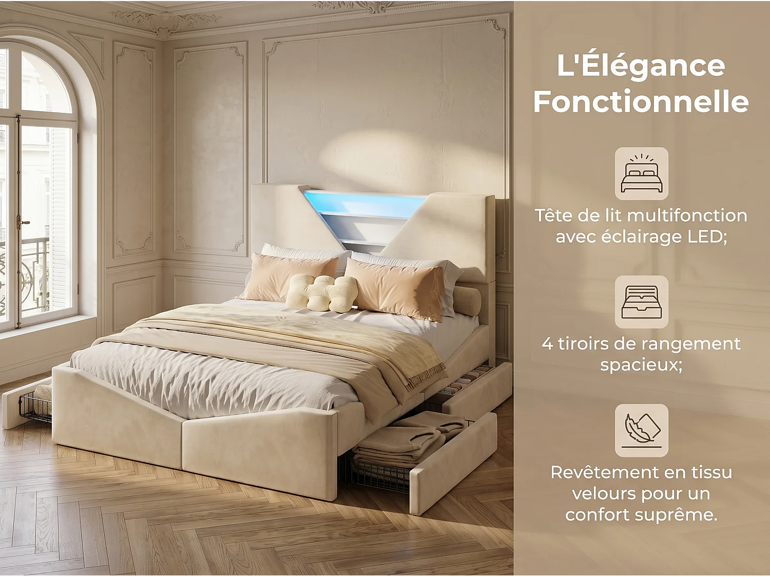 Lit coffre rembourré  160x200cm - avec tête de lit LED - Tête de lit triangulaire LED - Sommier à lattes en bois - Tissu Beige