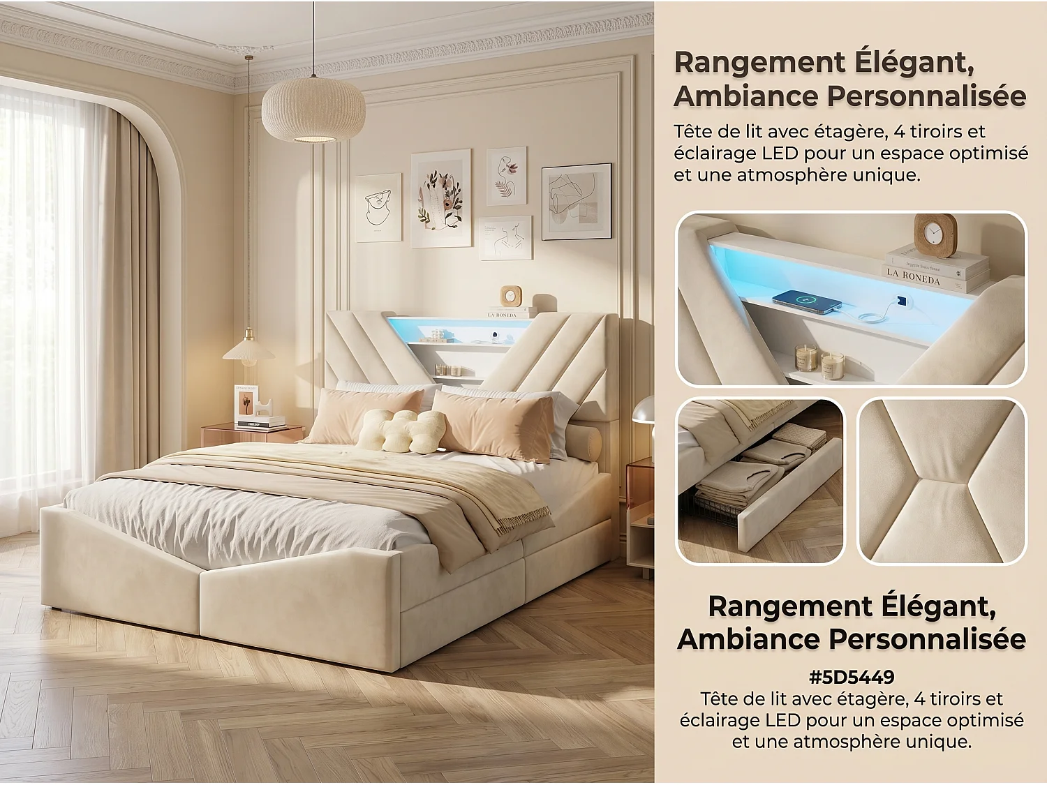 Lit coffre rembourré  160x200cm - avec tête de lit LED - Tête de lit triangulaire LED - Sommier à lattes en bois - Tissu Beige
