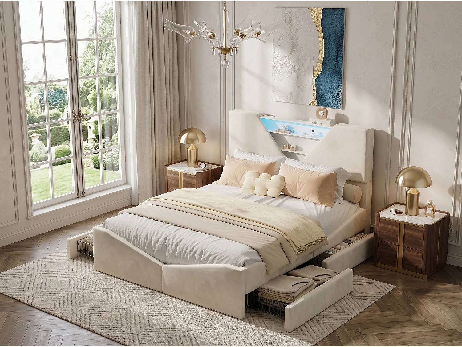 Lit coffre rembourré  160x200cm - avec tête de lit LED - Tête de lit triangulaire LED - Sommier à lattes en bois - Tissu Beige