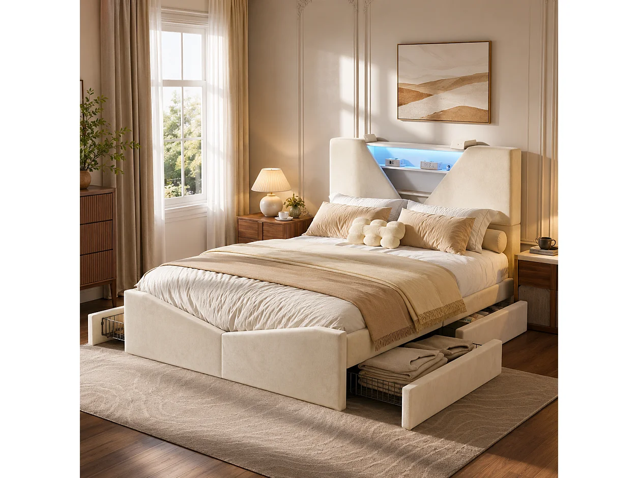 Lit coffre rembourré  160x200cm - avec tête de lit LED - Tête de lit triangulaire LED - Sommier à lattes en bois - Tissu Beige