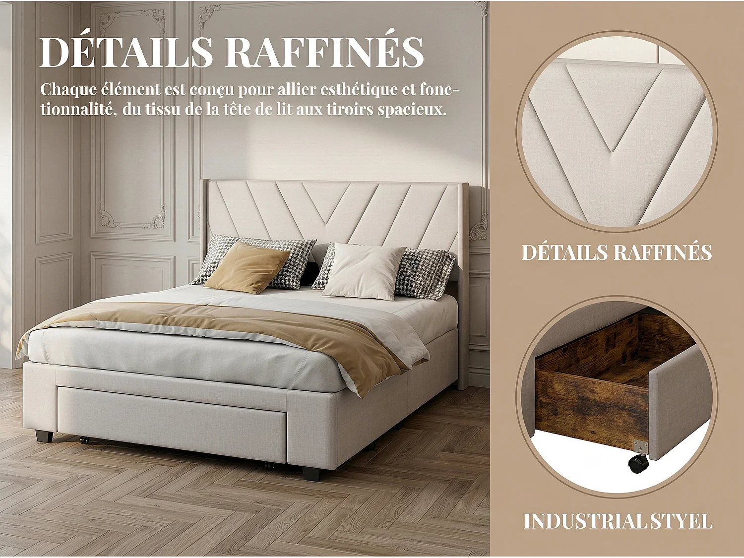 Lit 140x200 cm -avec tiroirs, lit double rembourré beige avec sommier à lattes, style moderne