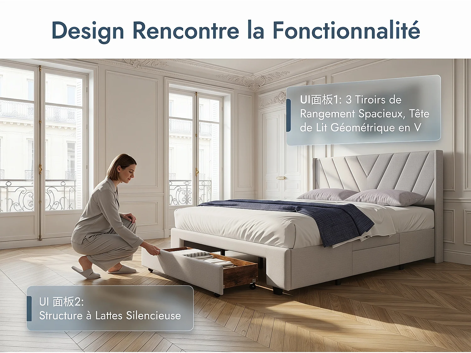 Lit 140x200 cm -avec tiroirs, lit double rembourré beige avec sommier à lattes, style moderne