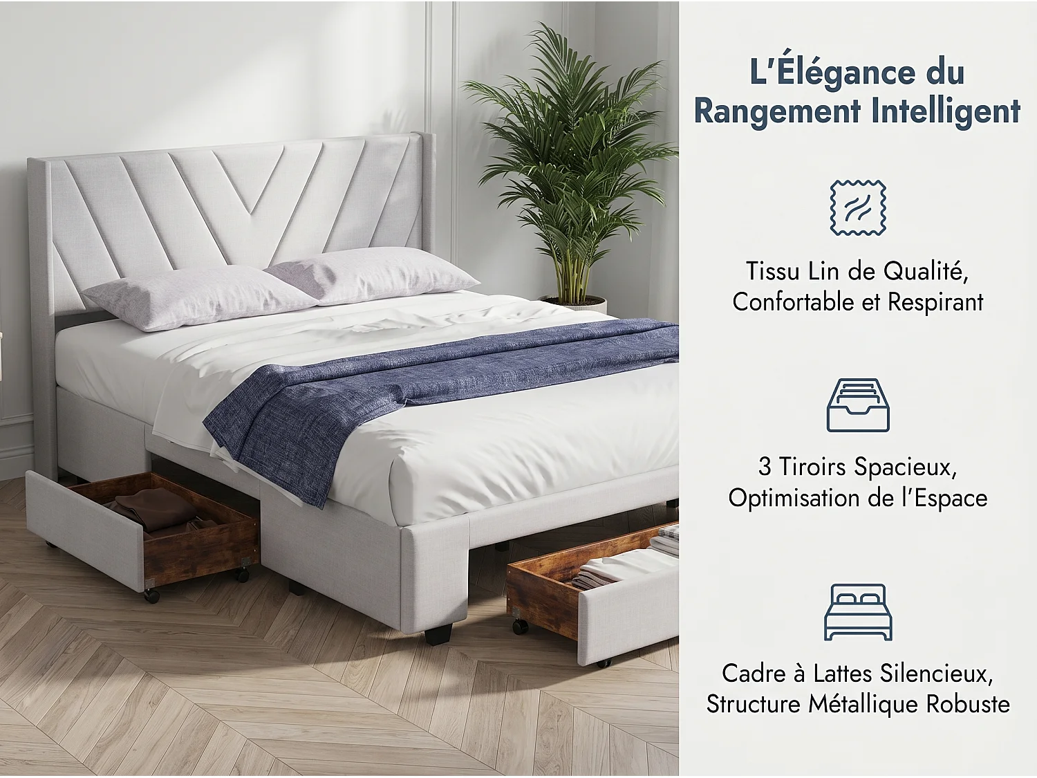 Lit 140x200 cm -avec tiroirs, lit double rembourré beige avec sommier à lattes, style moderne