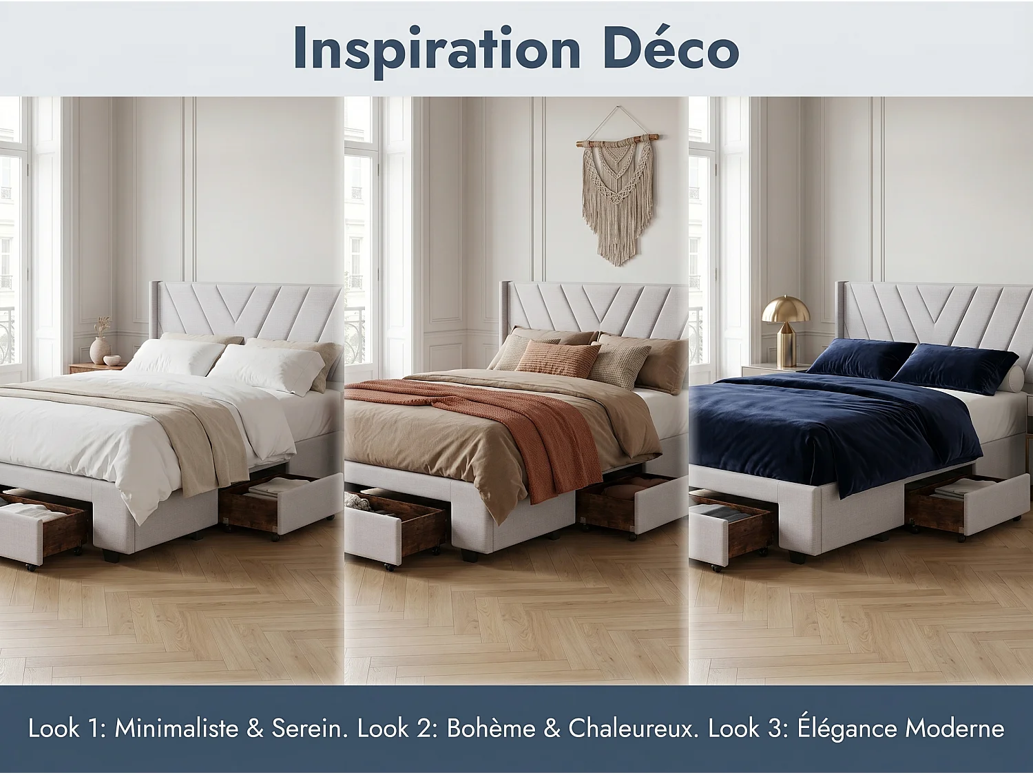 Lit 140x200 cm -avec tiroirs, lit double rembourré beige avec sommier à lattes, style moderne
