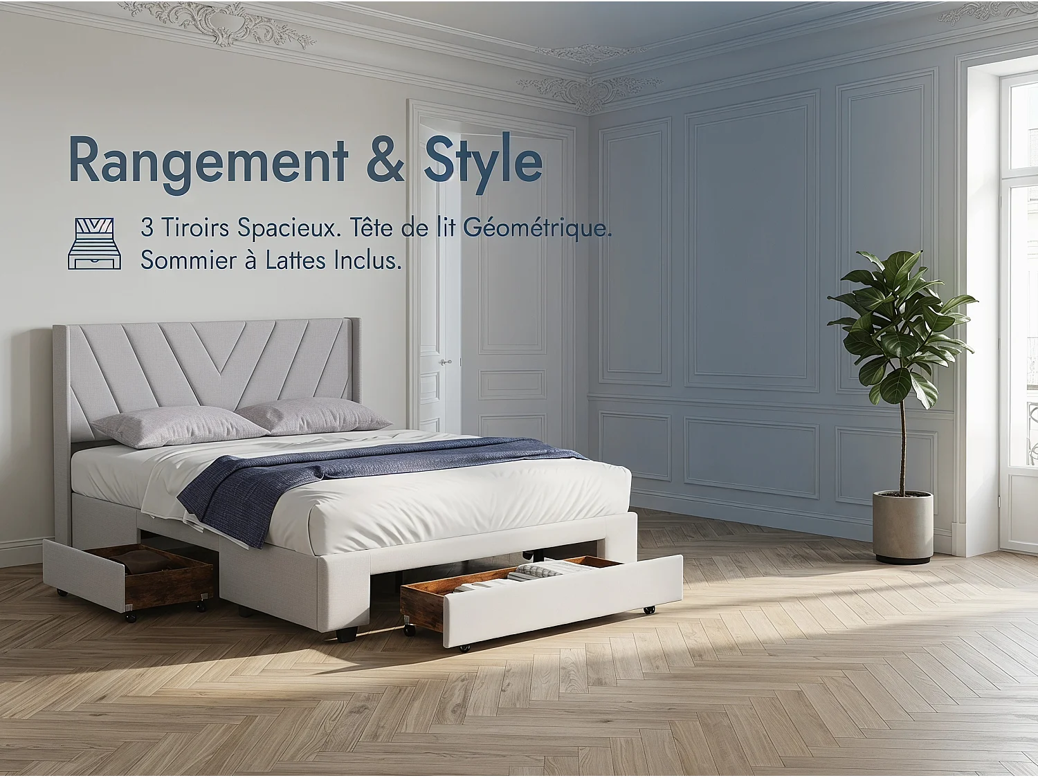 Lit 140x200 cm -avec tiroirs, lit double rembourré beige avec sommier à lattes, style moderne