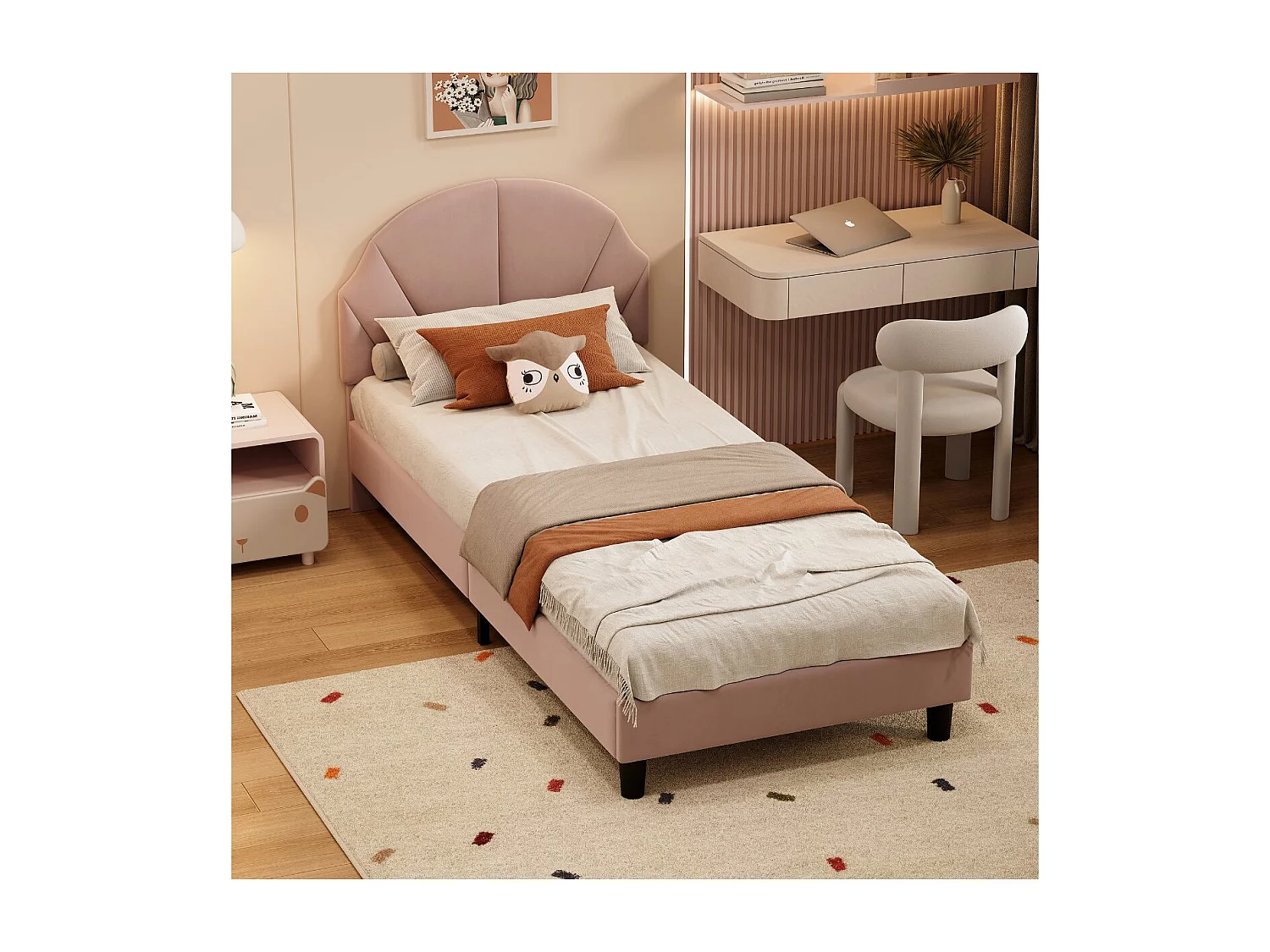 Lit simple rembourré 90x200 avec tête de lit design coquille, lit enfant moderne en tissu, cadre de lit avec sommier à lattes，Rose poudré