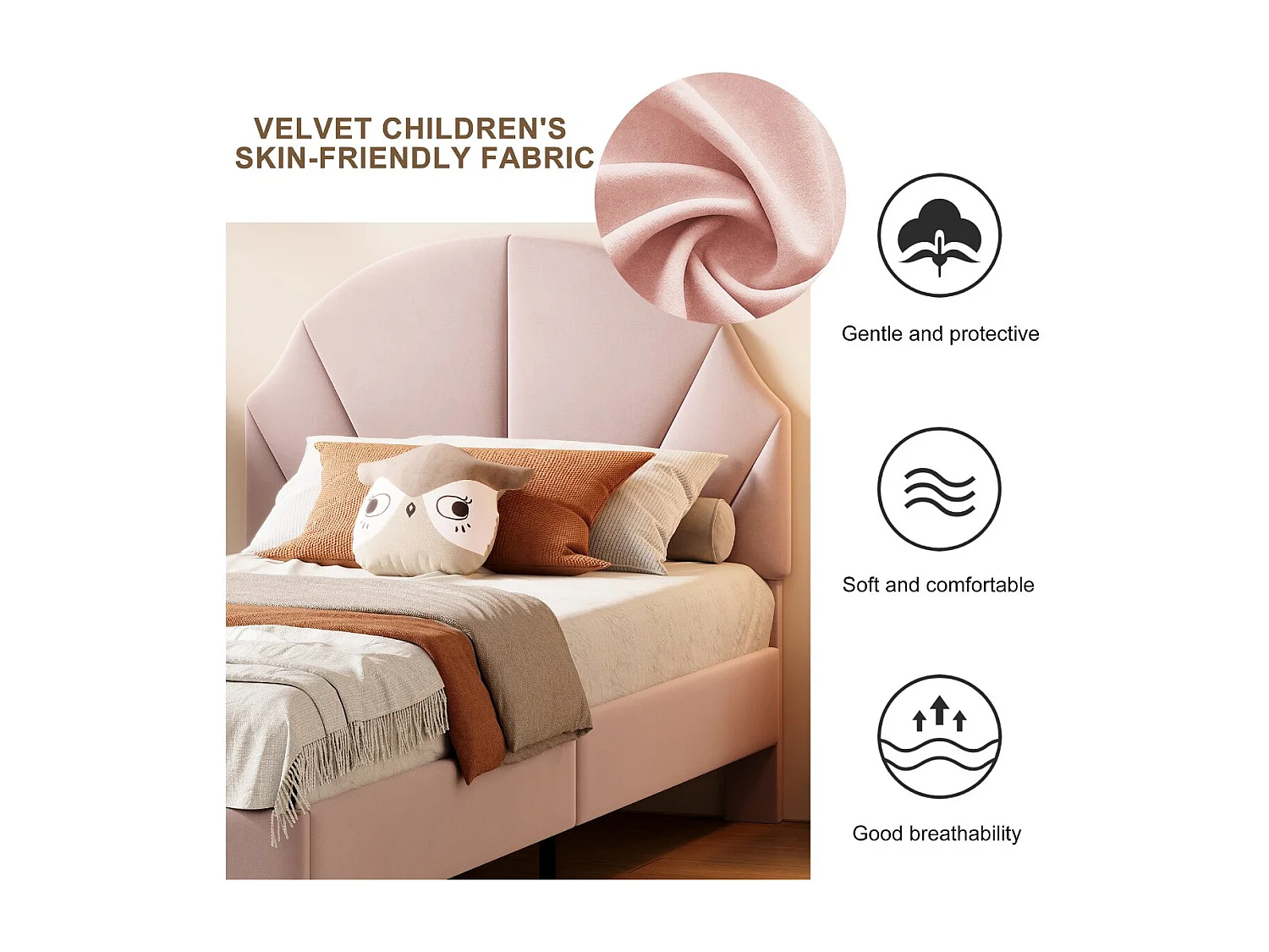 Lit simple rembourré 90x200 avec tête de lit design coquille, lit enfant moderne en tissu, cadre de lit avec sommier à lattes，Rose poudré