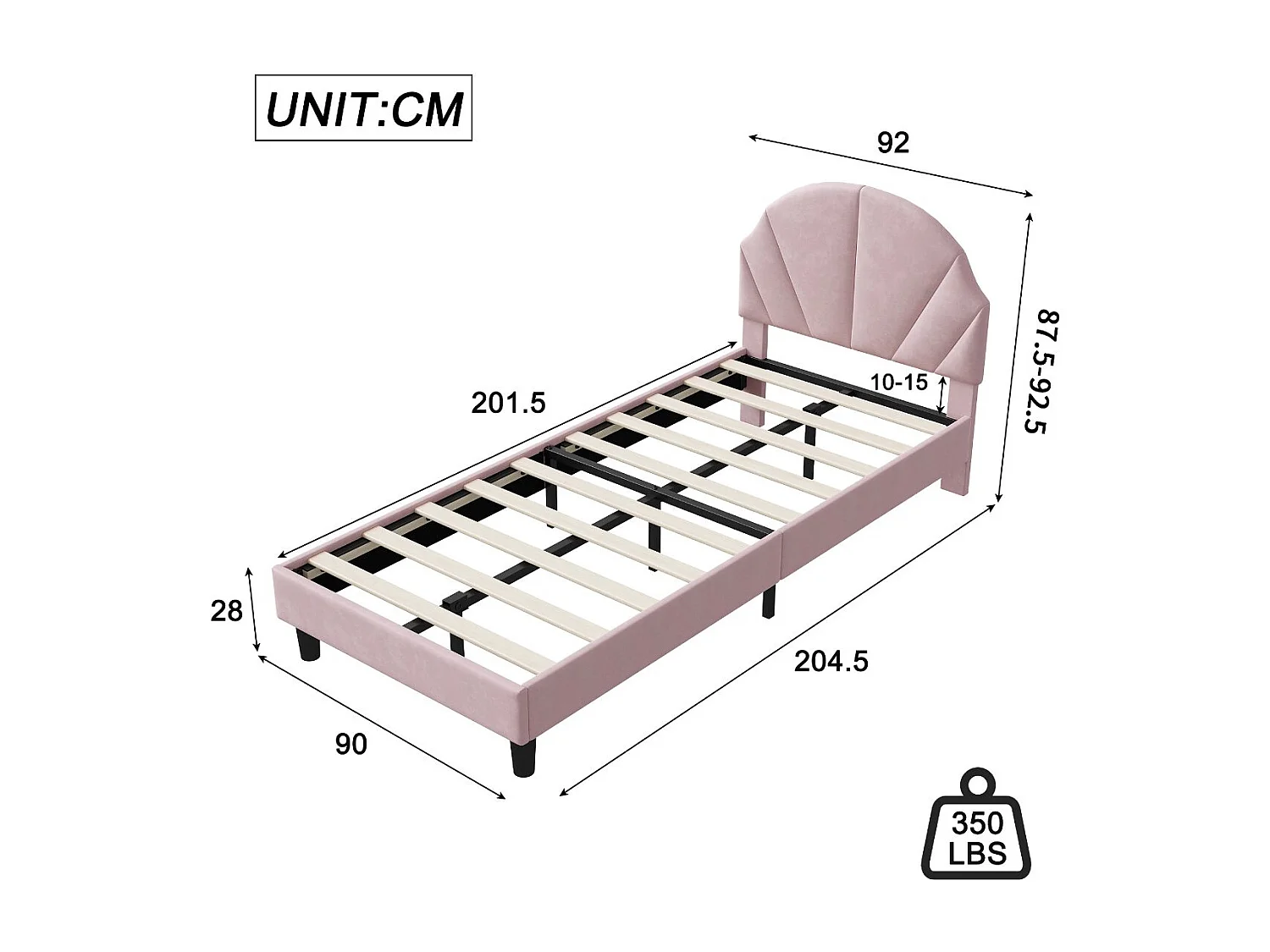 Lit simple rembourré 90x200 avec tête de lit design coquille, lit enfant moderne en tissu, cadre de lit avec sommier à lattes，Rose poudré