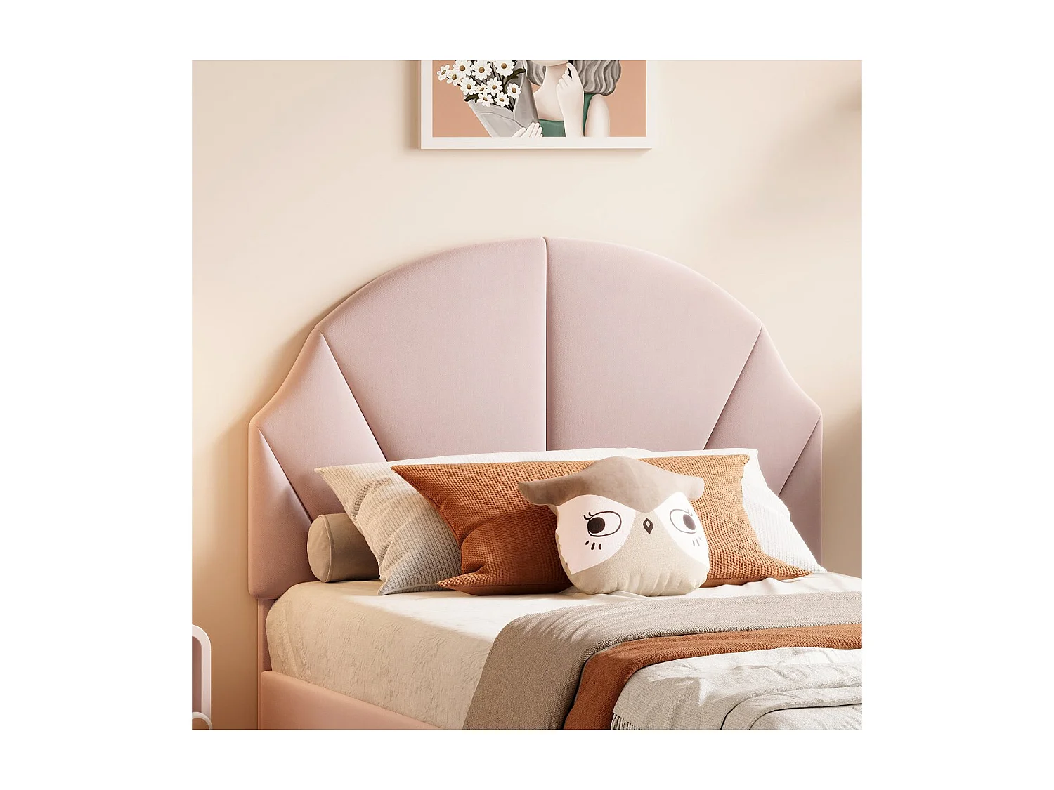 Lit simple rembourré 90x200 avec tête de lit design coquille, lit enfant moderne en tissu, cadre de lit avec sommier à lattes，Rose poudré