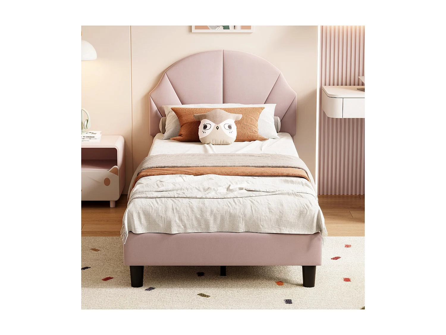 Lit enfant 90 x 200 cm - Tissu rose poudré - Tête de lit coquillage et sommier à lattes