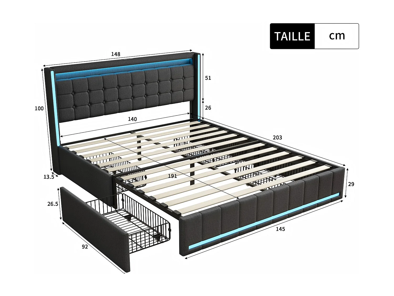 Lit 140x190 avec tiroirs, LED, USB Type-C, lit rangement avec roulettes, cadre de lit en tissu lin