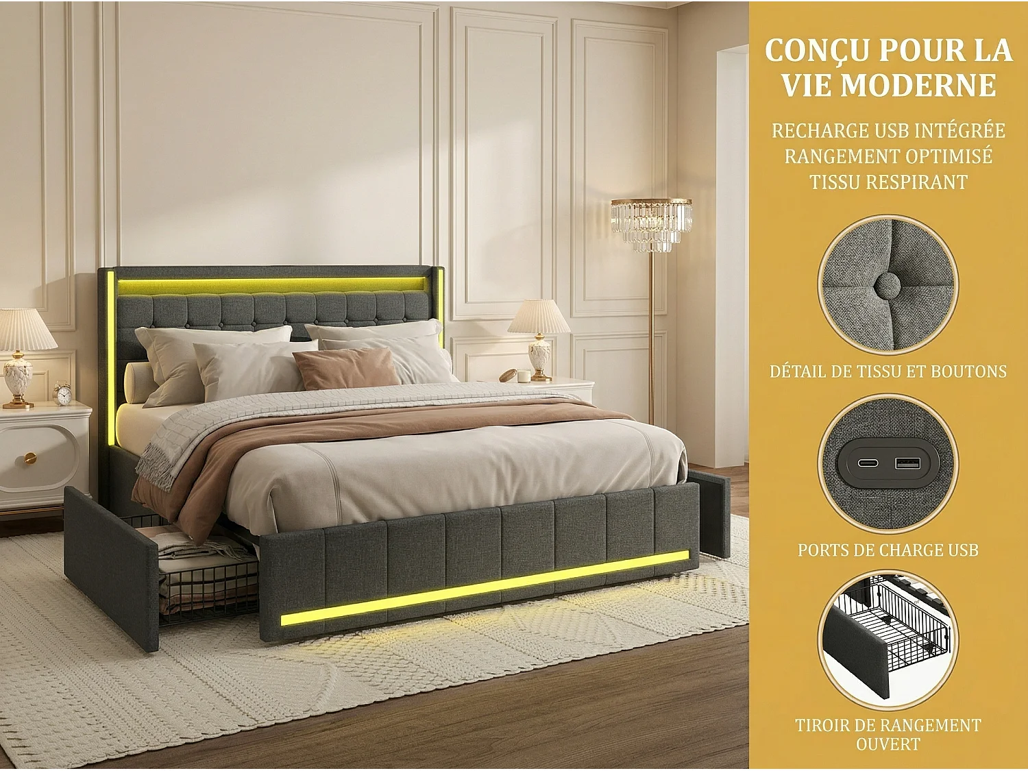 Lit 140x190 avec tiroirs, LED, USB Type-C, lit rangement avec roulettes, cadre de lit en tissu lin