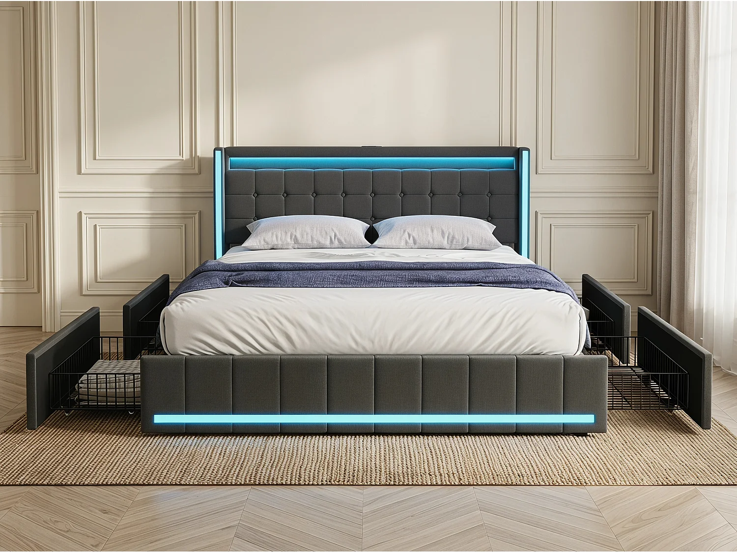 Lit rembourré 140x190 cm - Tiroirs de rangement avec roulettes - LED intégrée - Ports USB + Type-C