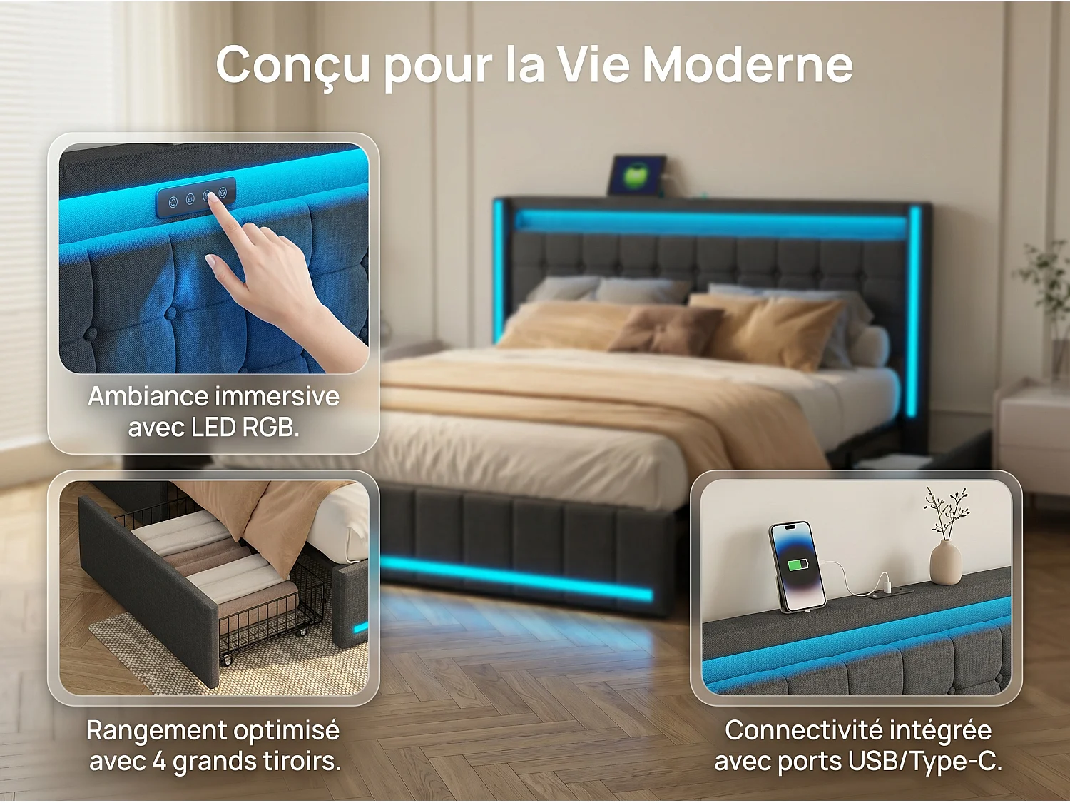 Lit rembourré 140x190 cm - Tiroirs de rangement avec roulettes - LED intégrée - Ports USB + Type-C