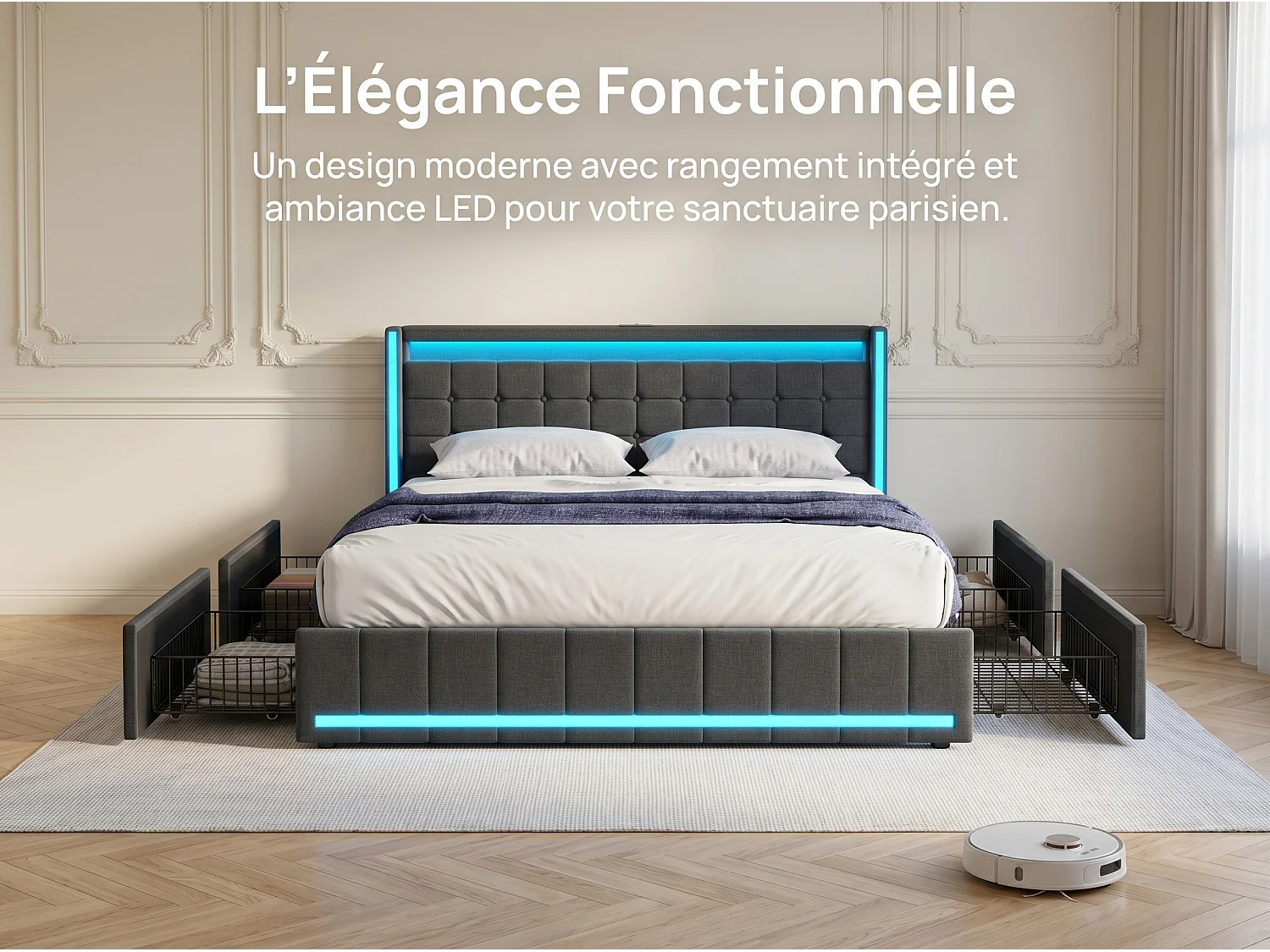 Lit rembourré 140x190 cm - Tiroirs de rangement avec roulettes - LED intégrée - Ports USB + Type-C