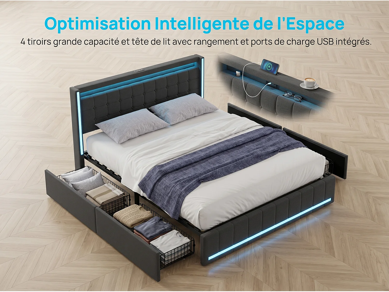 Lit rembourré 140x190 cm - Tiroirs de rangement avec roulettes - LED intégrée - Ports USB + Type-C