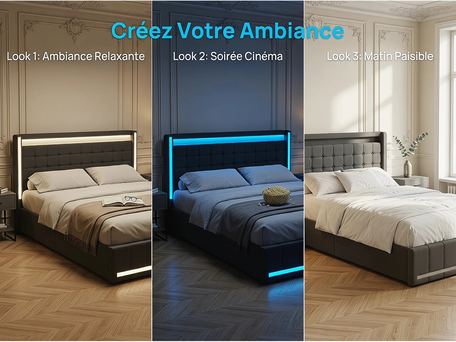 Lit rembourré 140x190 cm - Tiroirs de rangement avec roulettes - LED intégrée - Ports USB + Type-C