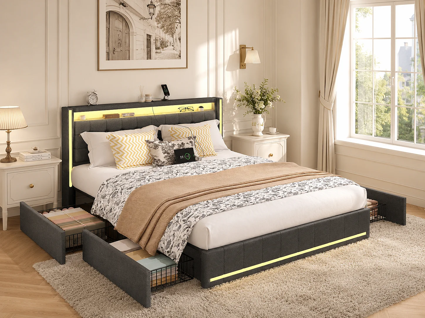 Lit rembourré 140x190 cm - Tiroirs de rangement avec roulettes - LED intégrée - Ports USB + Type-C