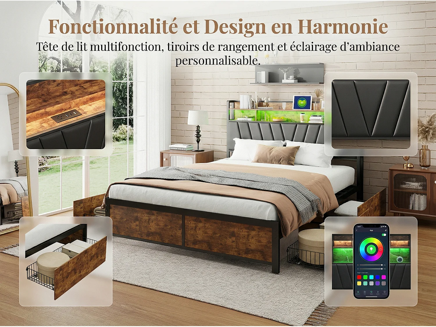 Lit 180x200 cm LED RGB avec USB, 4 Tiroirs, Rangement, Métal et Bois